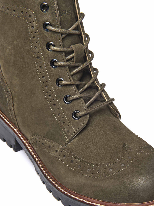 Green fluffy lined leather brogue boot - FILICO WARMLINED OLIVE GREEN NUBUCK