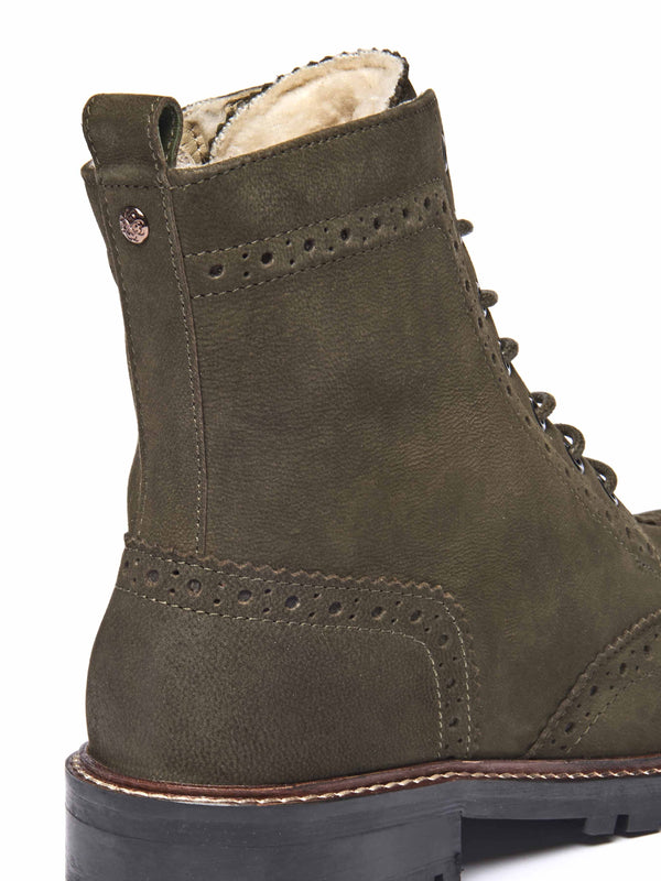 Green fluffy lined leather brogue boot - FILICO WARMLINED OLIVE GREEN NUBUCK