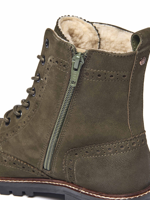 Green fluffy lined leather brogue boot - FILICO WARMLINED OLIVE GREEN NUBUCK
