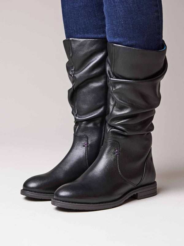 Black slouchy leather mid calf boot - GLACIER LEATHER BLACK