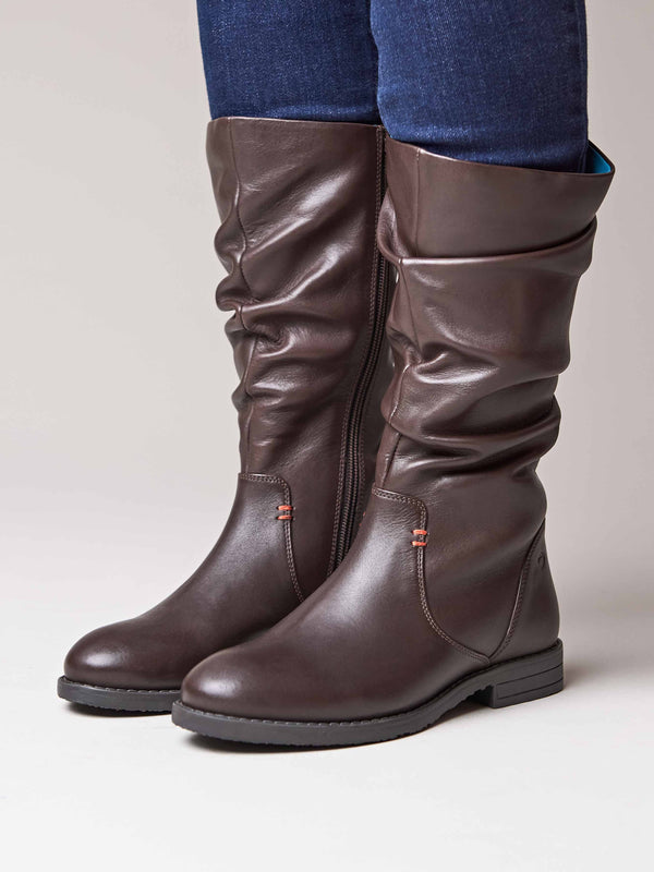Brown slouchy leather mid calf boot - GLACIER LEATHER BROWN