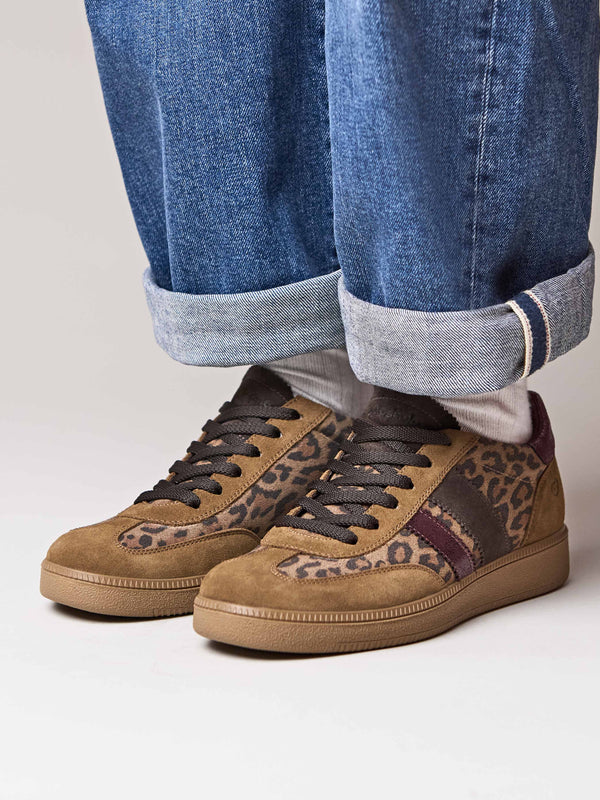 Brown / Animal Print colourful and metallic fashion trainers - JESS PECAN LEOPARD PRINT SUEDE