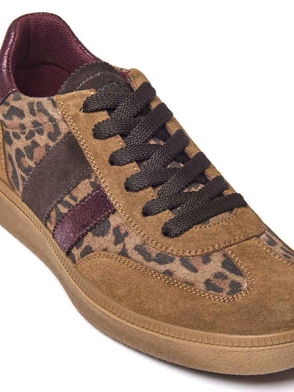 Brown / Animal Print colourful and metallic fashion trainers - JESS PECAN LEOPARD PRINT SUEDE