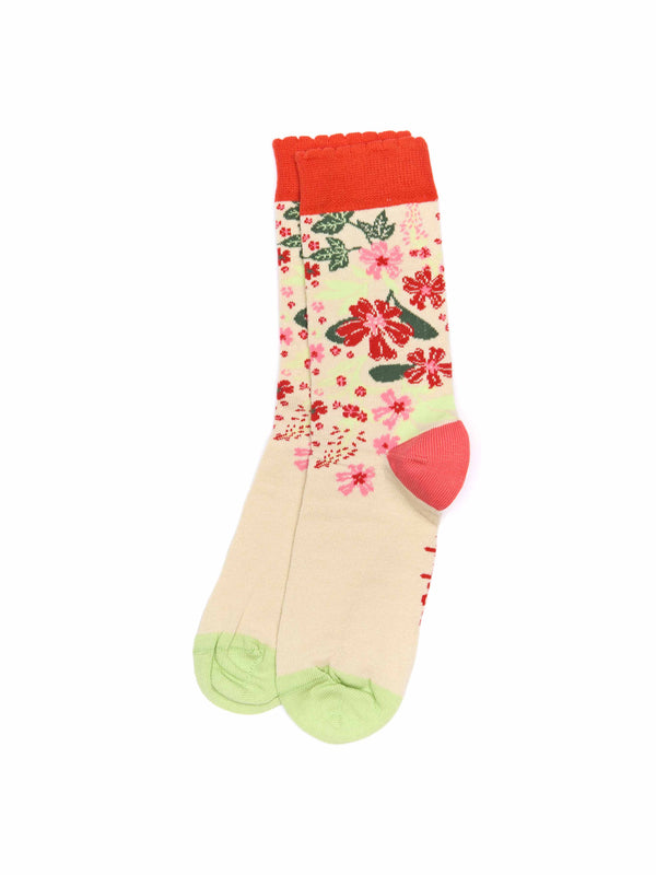 Neutral devon Floral scalloped crew sock - MOORII OATMEAL