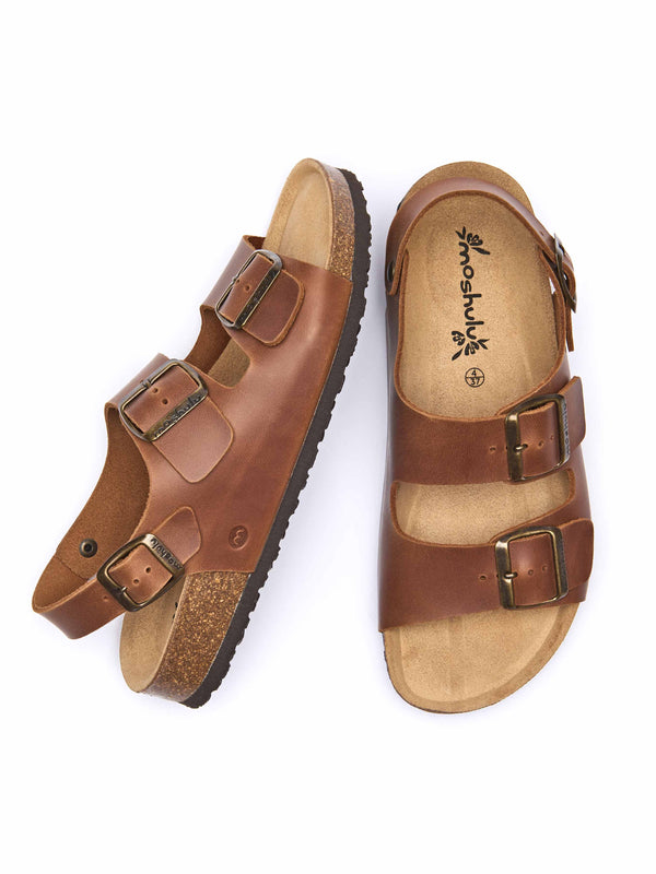 PALME TAN WAXY LEATHER | Brown multistrap leather cork footbed sandals ...