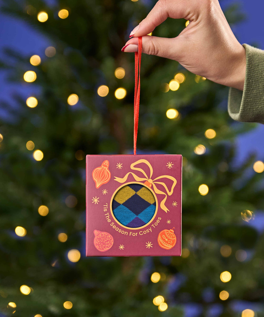 CHRISTMAS SOCK BOX FOR HIM BAUBLE BLUE ARGYLE