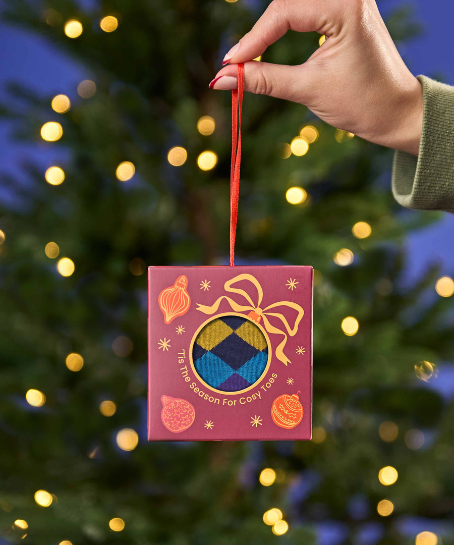 CHRISTMAS SOCK BOX FOR HIM BAUBLE BLUE ARGYLE