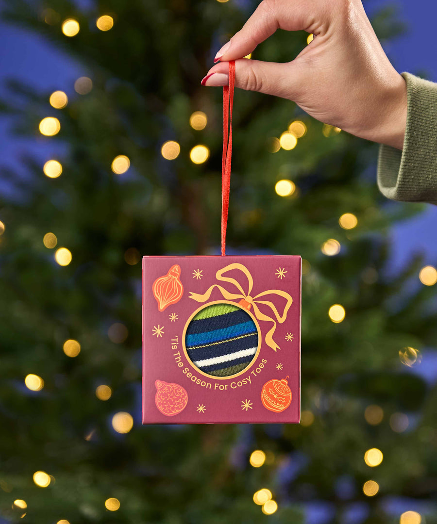 CHRISTMAS SOCK BOX FOR HER BAUBLE COBALT MULTI STRIPE
