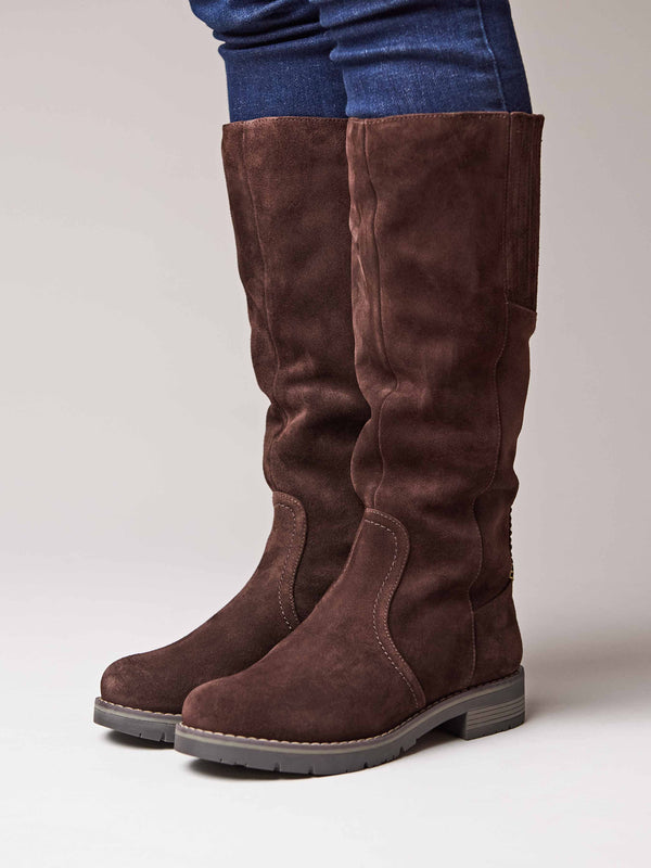 Brown long suede stretch boots with faux fur lining - LEIF BROWN SUEDE