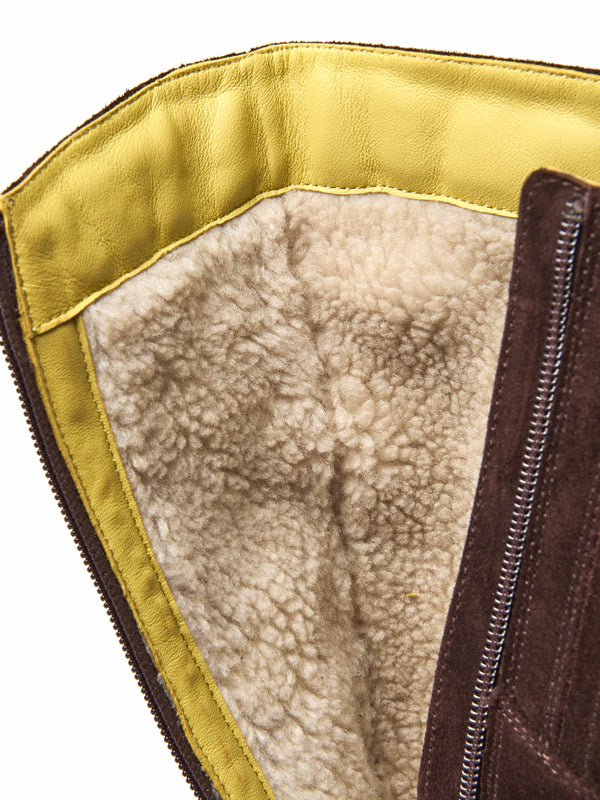 Brown long suede stretch boots with faux fur lining - LEIF BROWN SUEDE