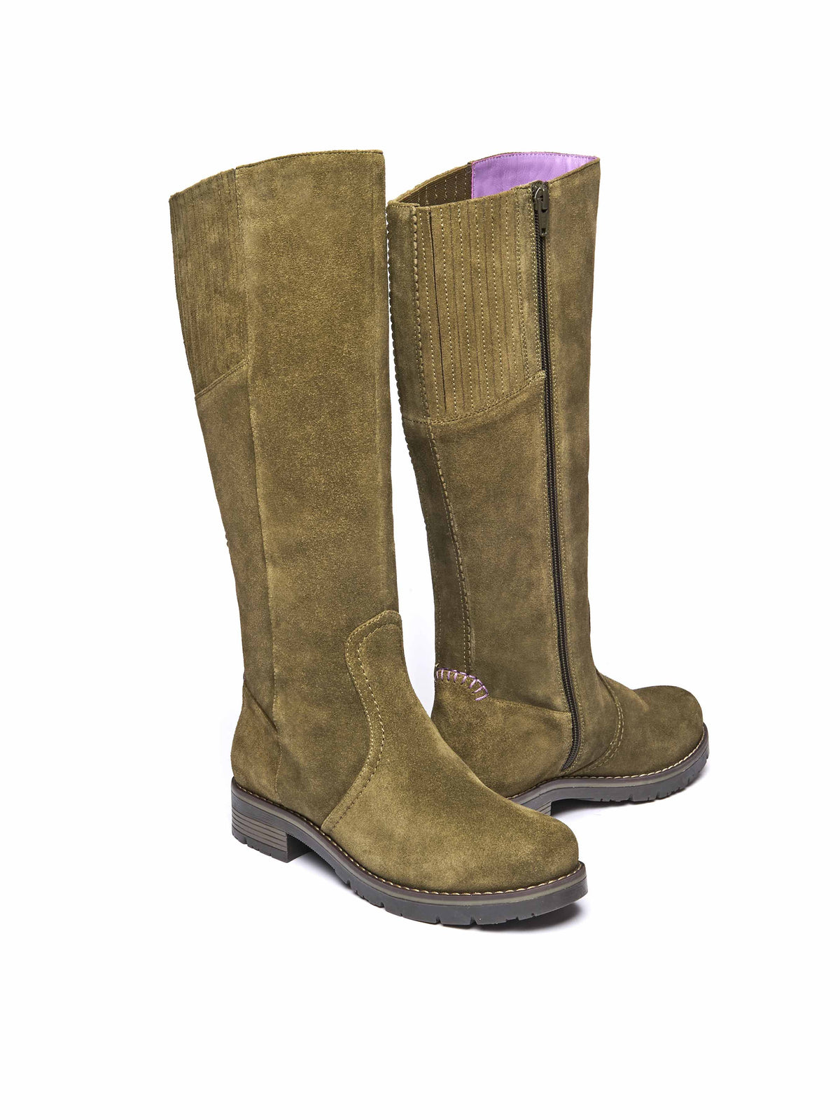 Green long suede stretch boots with faux fur lining - LEIF OLIVE GREEN SUEDE