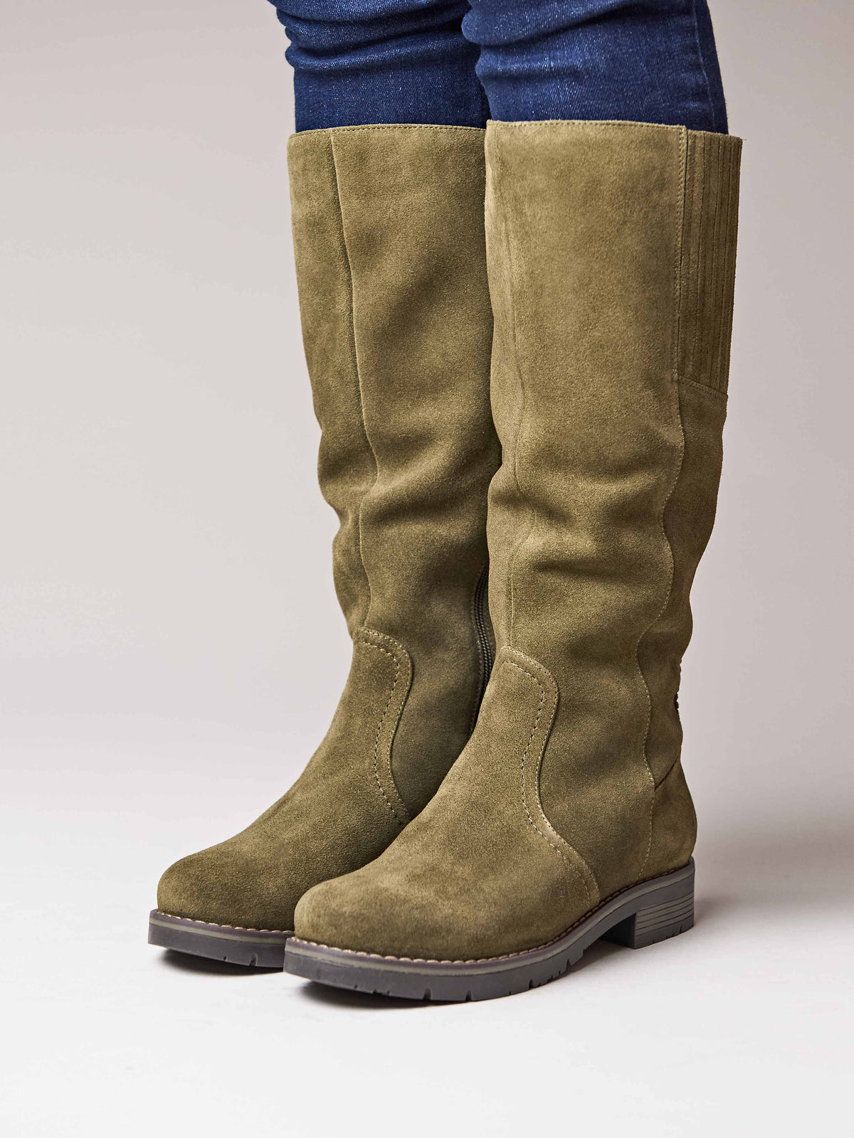 Green long suede stretch boots with faux fur lining - LEIF OLIVE GREEN SUEDE
