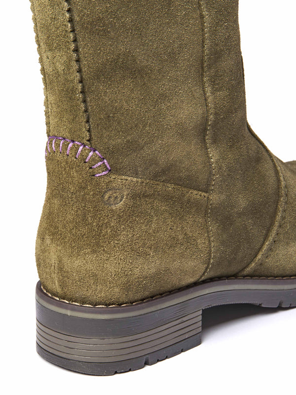 Green long suede stretch boots with faux fur lining - LEIF OLIVE GREEN SUEDE