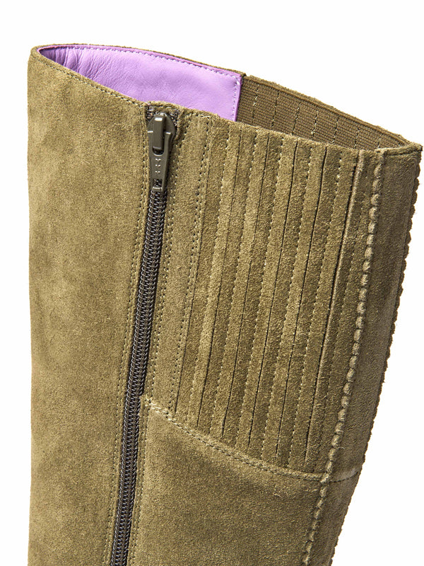 Green long suede stretch boots with faux fur lining - LEIF OLIVE GREEN SUEDE
