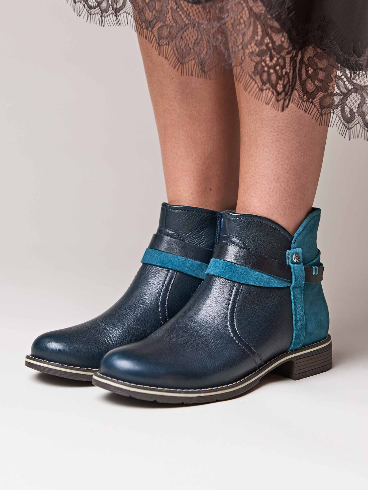 Blue polished leather and suede ankle boots - ATOLL INDIGO/LAGOON LEATHER/SUEDE