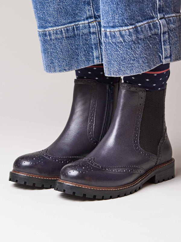 Blue brogue-style twin gusset chelsea boots - PALSA INDIGO LEATHER