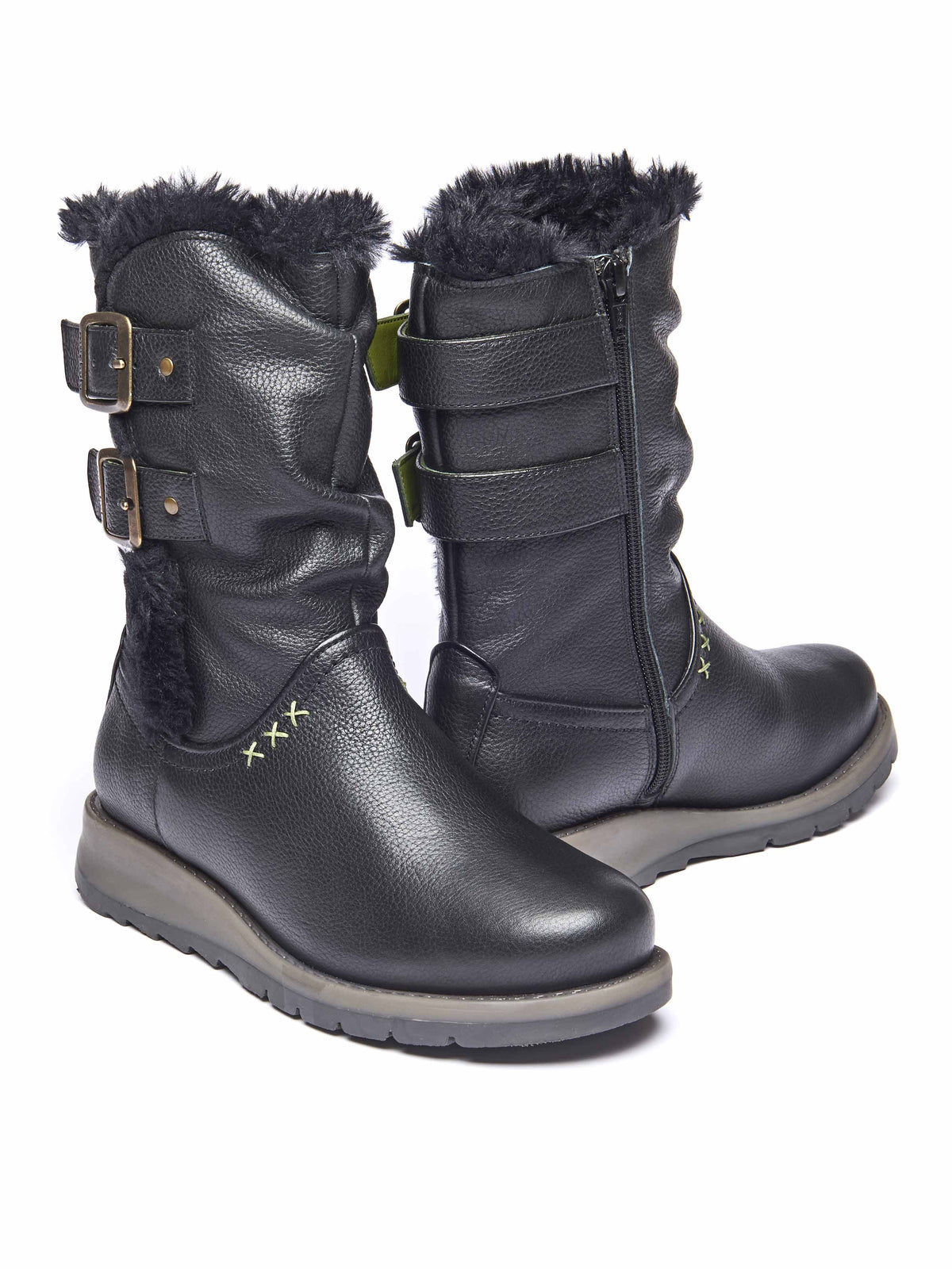 Black leather buckle, faux fur lined mid-length boot - CORSAC BLACK LEATHER