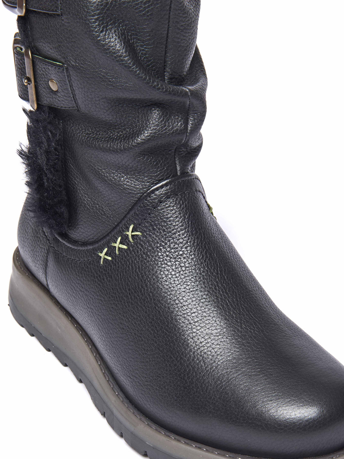 Black leather buckle, faux fur lined mid-length boot - CORSAC BLACK LEATHER