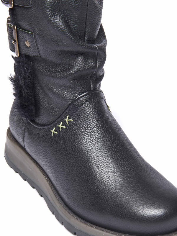 Black leather buckle, faux fur lined mid-length boot - CORSAC BLACK LEATHER