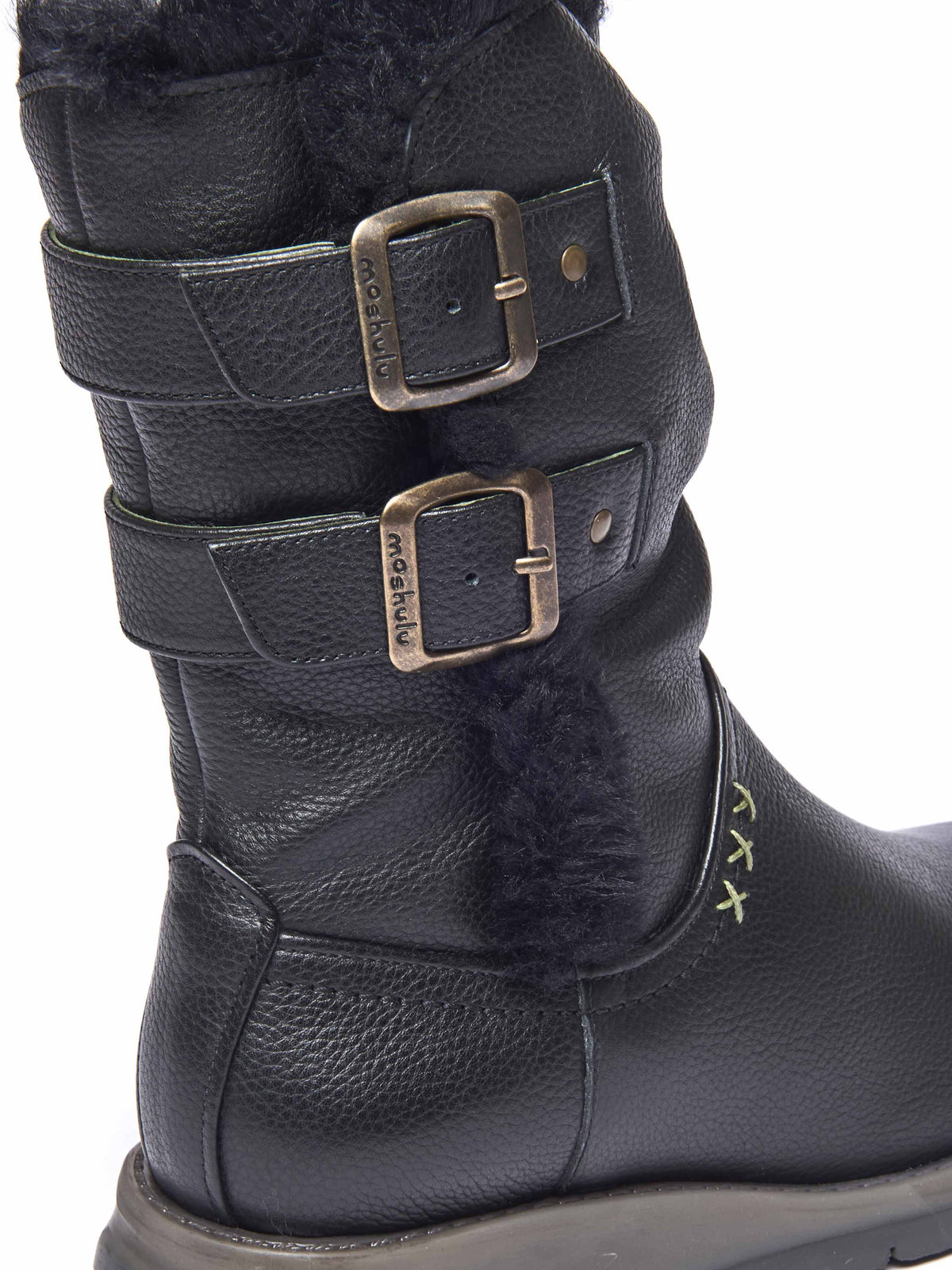 Black leather buckle, faux fur lined mid-length boot - CORSAC BLACK LEATHER