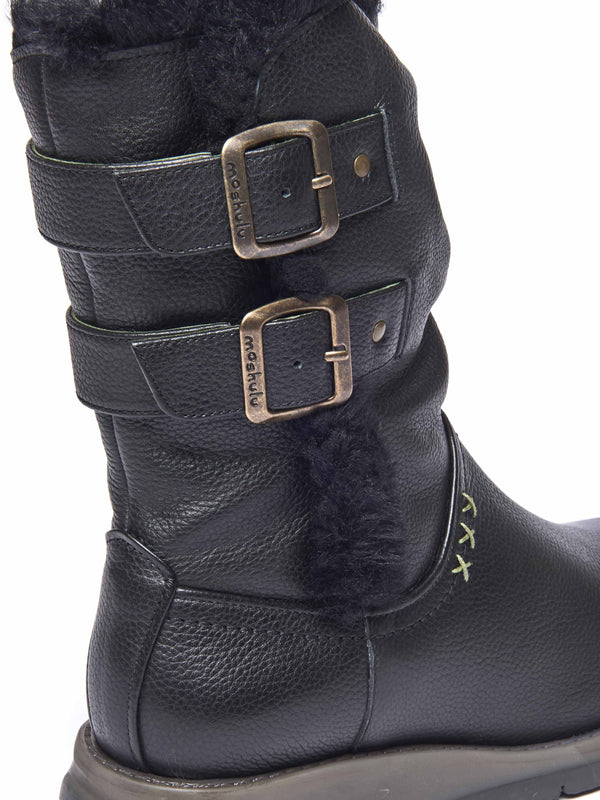 Black leather buckle, faux fur lined mid-length boot - CORSAC BLACK LEATHER
