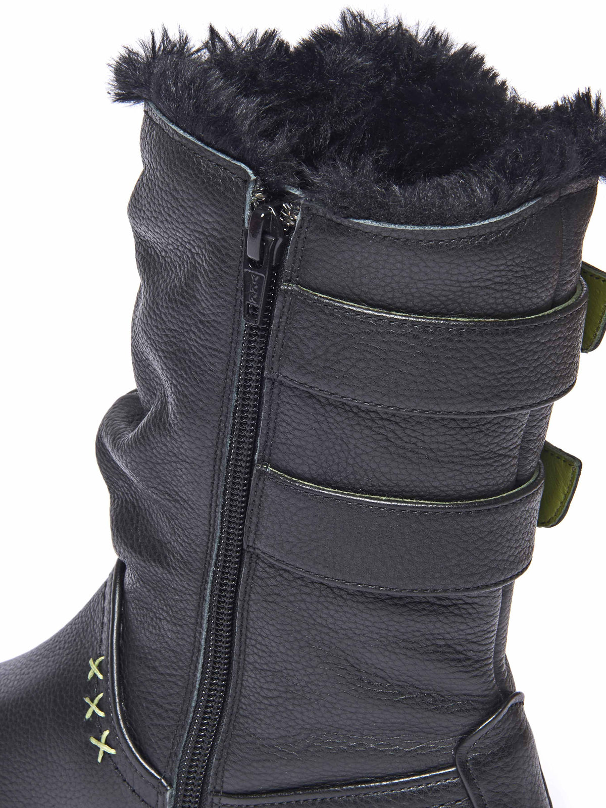 Black leather buckle, faux fur lined mid-length boot - CORSAC BLACK LEATHER