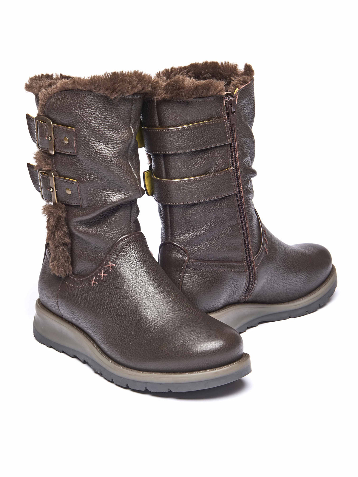 Brown leather buckle, faux fur lined mid-length boot - CORSAC BROWN LEATHER