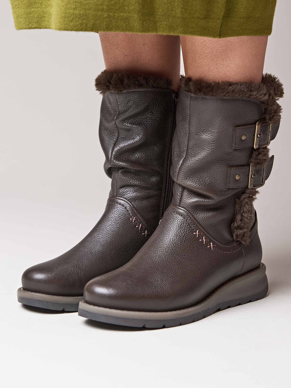 Brown leather buckle, faux fur lined mid-length boot - CORSAC BROWN LEATHER