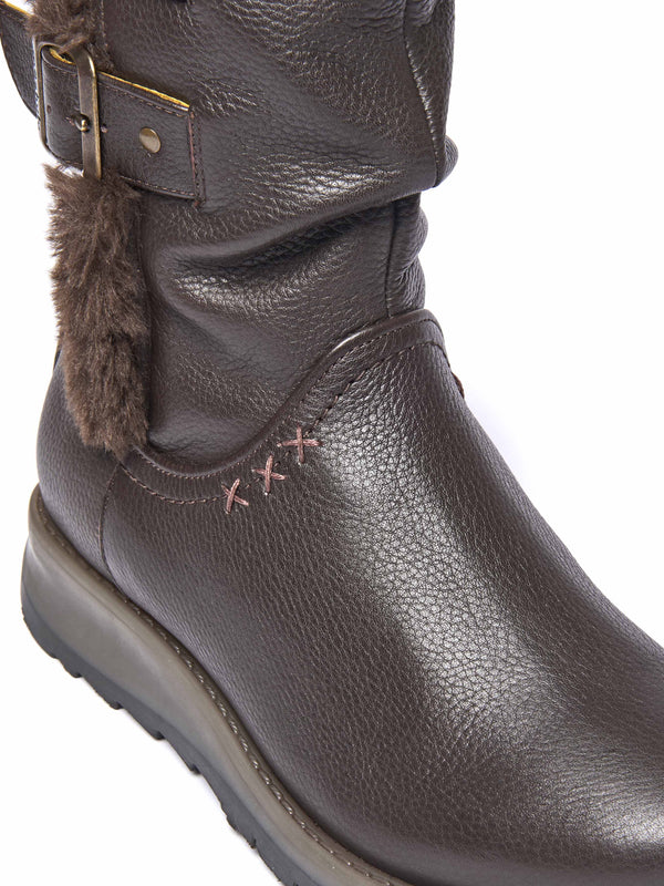 Brown leather buckle, faux fur lined mid-length boot - CORSAC BROWN LEATHER