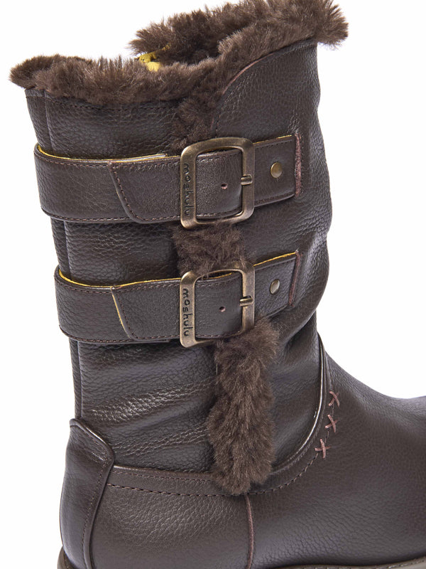 Brown leather buckle, faux fur lined mid-length boot - CORSAC BROWN LEATHER