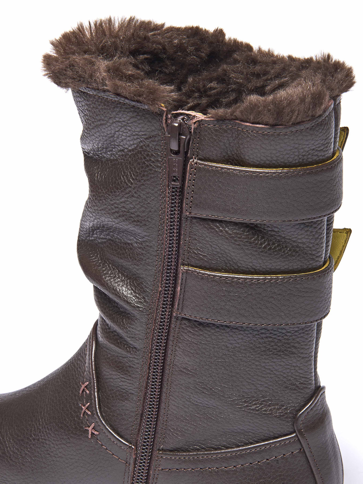 Brown leather buckle, faux fur lined mid-length boot - CORSAC BROWN LEATHER