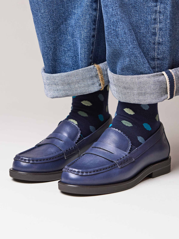 Blue leather loafers with metal heel trim - PRION INDIGO LEATHER