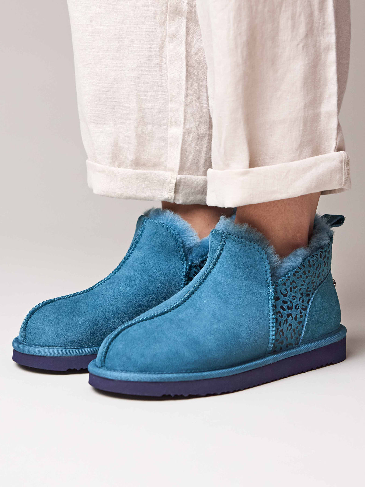 Blue / Green / Animal Print sheepskin slipper boots - BOLBERRY LAGOON LEOPARD
