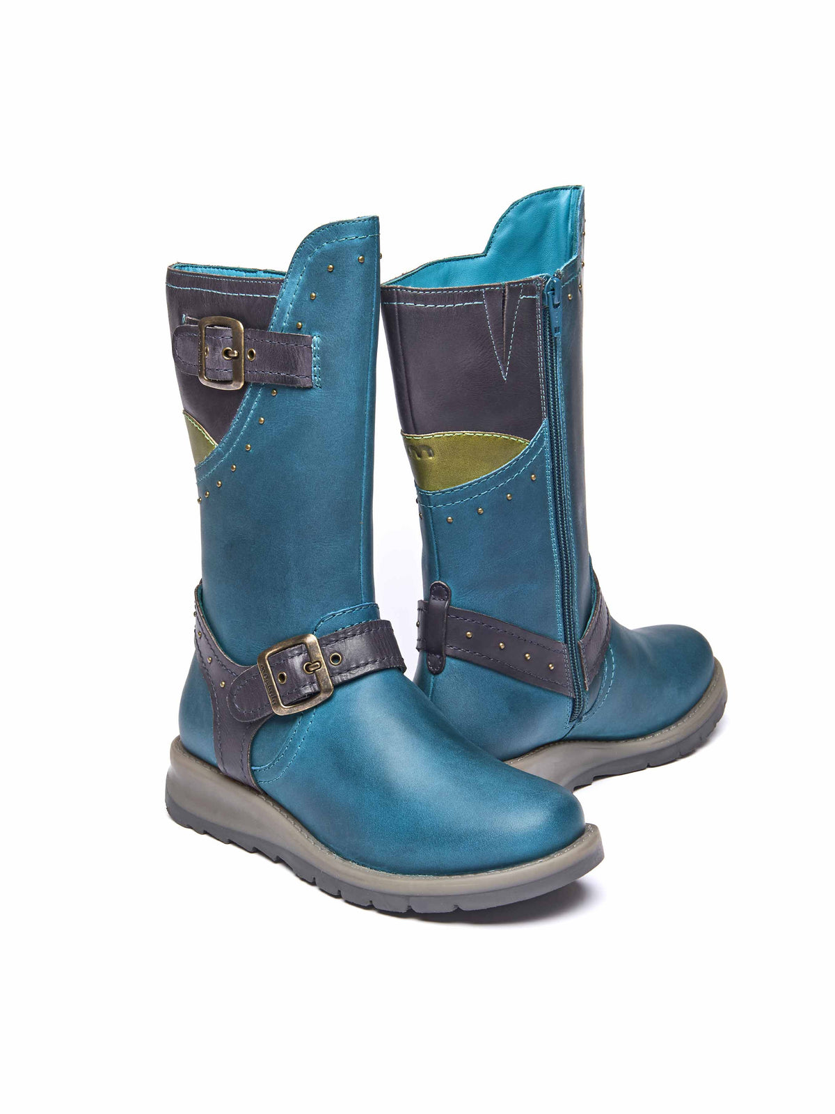 Blue mid-length biker style boots with studs - NIGHTJAR STUD LAGOON/INDIGO LEATHER