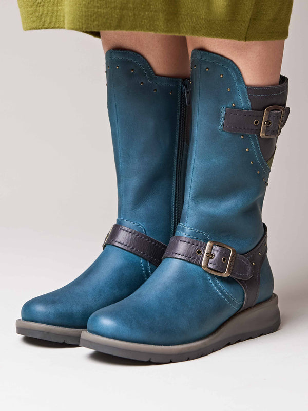 Blue mid-length biker style boots with studs - NIGHTJAR STUD LAGOON/INDIGO LEATHER