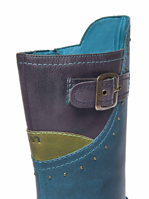 Blue mid-length biker style boots with studs - NIGHTJAR STUD LAGOON/INDIGO LEATHER