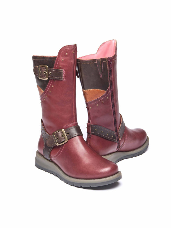 Red mid-length biker style boots with studs - NIGHTJAR STUD ZINFANDEL RED/BROWN LEATHER