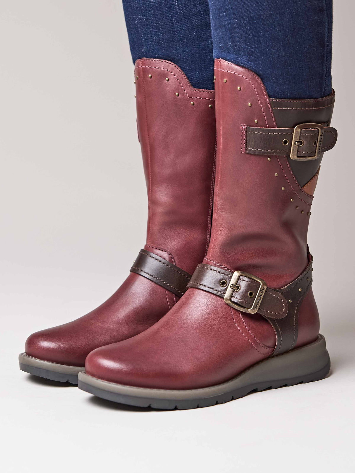 Red mid-length biker style boots with studs - NIGHTJAR STUD ZINFANDEL RED/BROWN LEATHER
