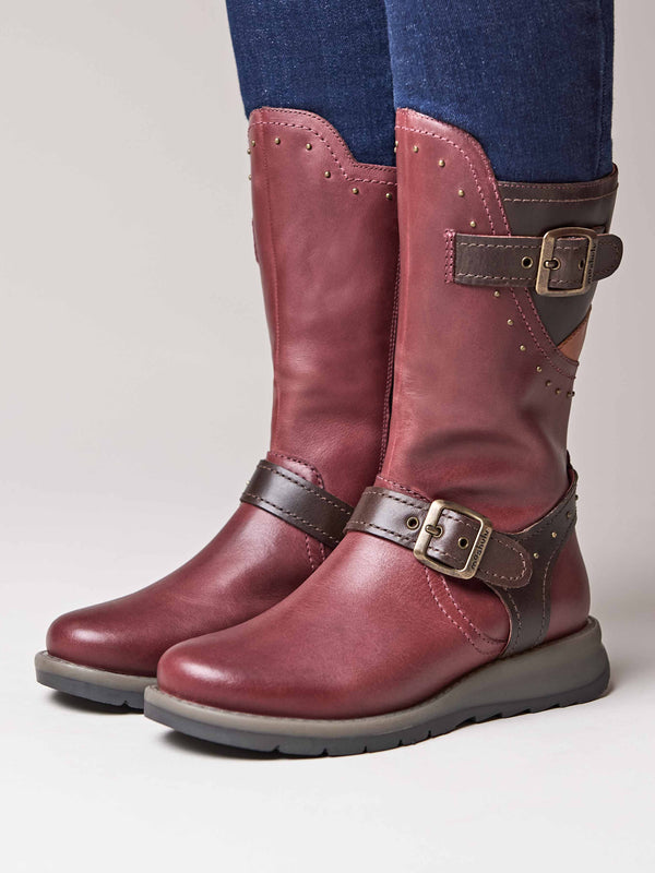 Red mid-length biker style boots with studs - NIGHTJAR STUD ZINFANDEL RED/BROWN LEATHER