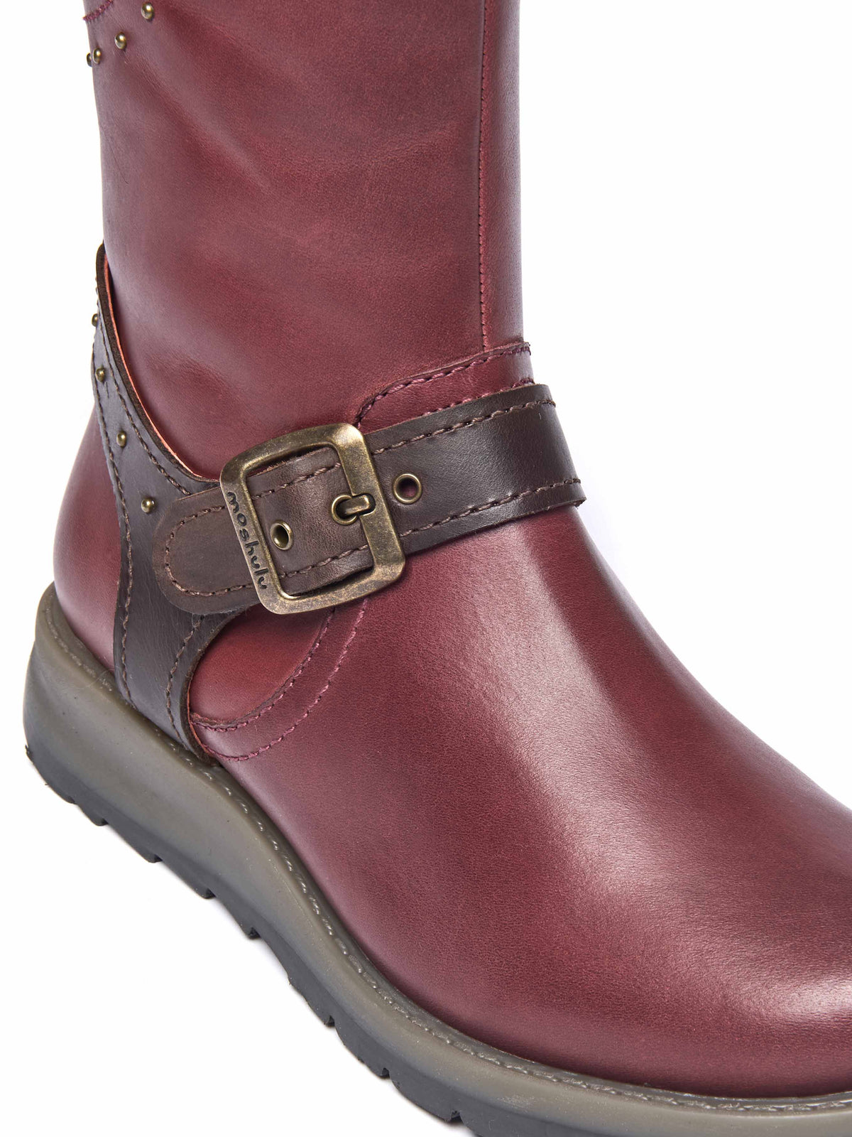 Red mid-length biker style boots with studs - NIGHTJAR STUD ZINFANDEL RED/BROWN LEATHER