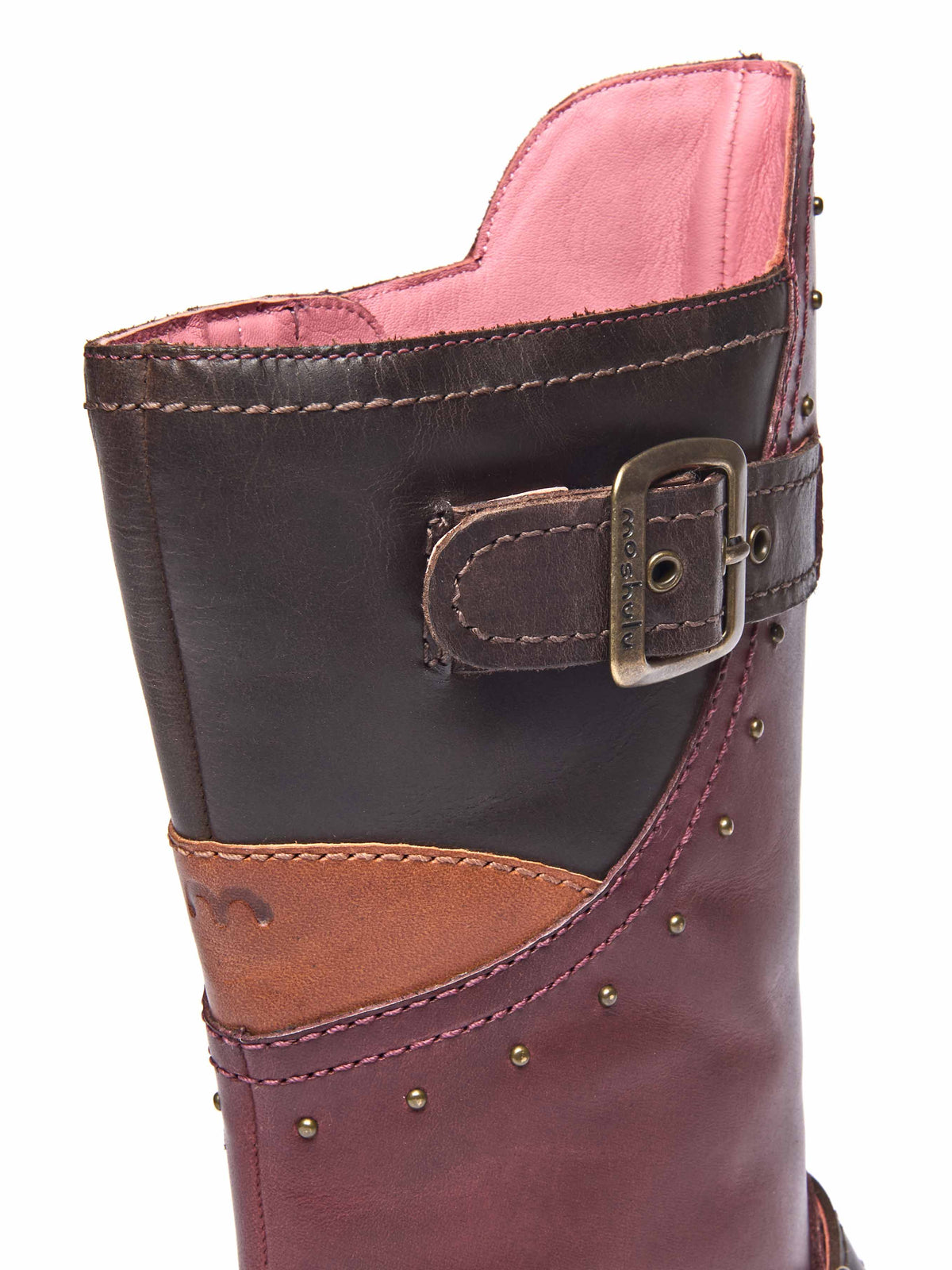 Red mid-length biker style boots with studs - NIGHTJAR STUD ZINFANDEL RED/BROWN LEATHER