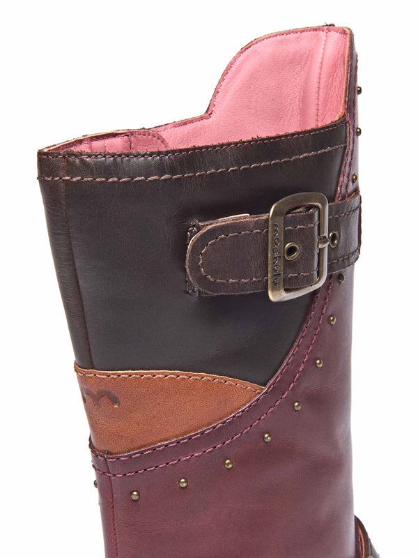 Red mid-length biker style boots with studs - NIGHTJAR STUD ZINFANDEL RED/BROWN LEATHER