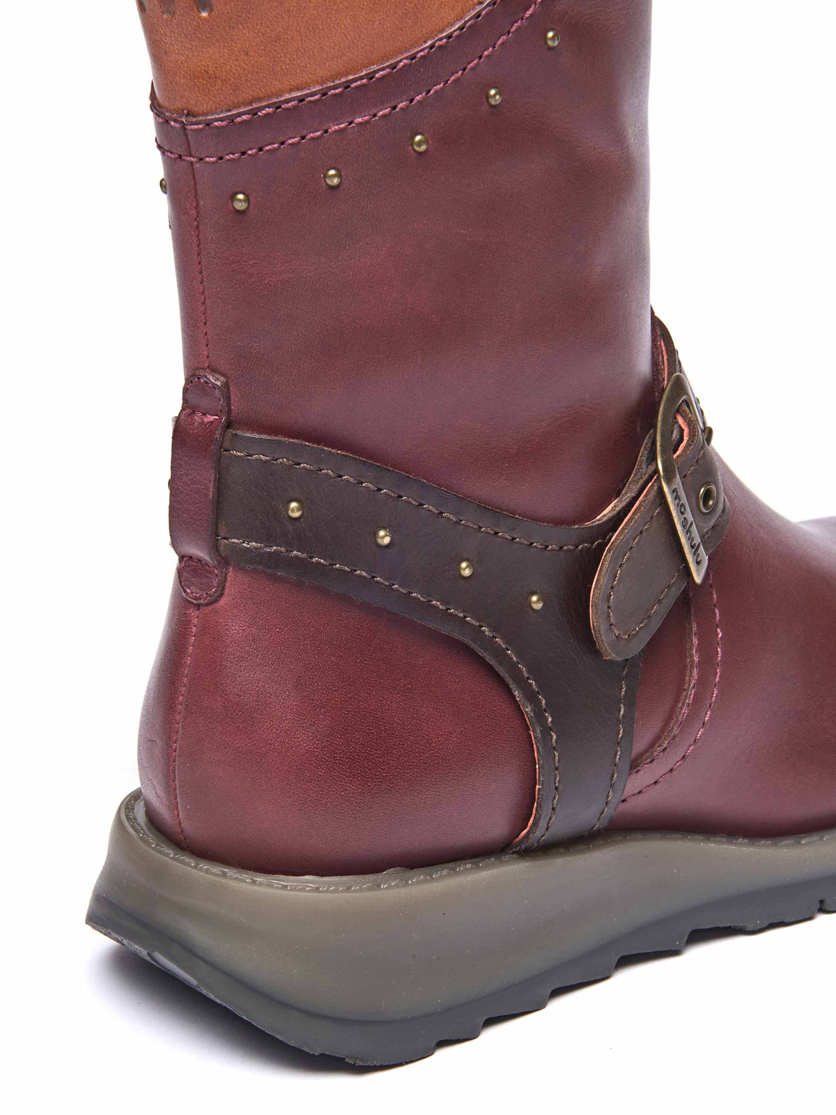 Red mid-length biker style boots with studs - NIGHTJAR STUD ZINFANDEL RED/BROWN LEATHER