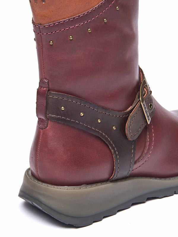 Red mid-length biker style boots with studs - NIGHTJAR STUD ZINFANDEL RED/BROWN LEATHER