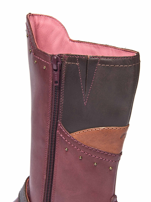 Red mid-length biker style boots with studs - NIGHTJAR STUD ZINFANDEL RED/BROWN LEATHER