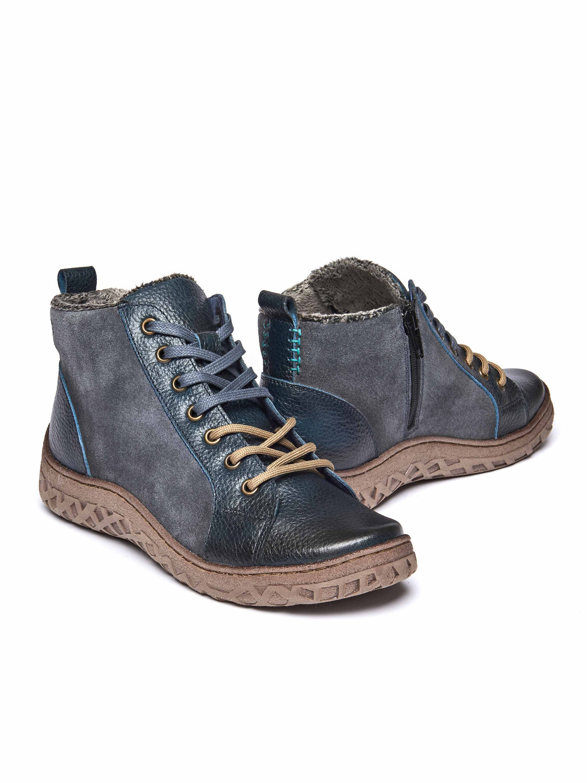Blue faux fur, tread-soled ankle boots - RADCLIFFE INDIGO LEATHER/SUEDE