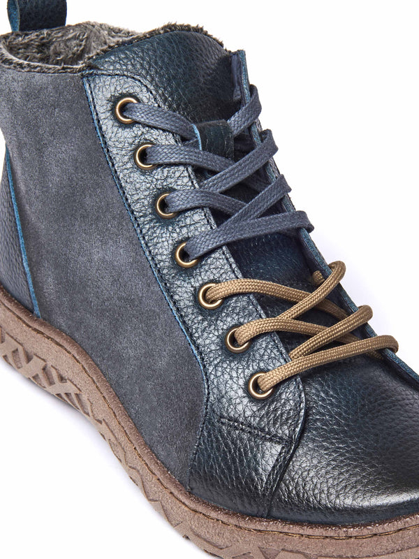 Blue faux fur, tread-soled ankle boots - RADCLIFFE INDIGO LEATHER/SUEDE