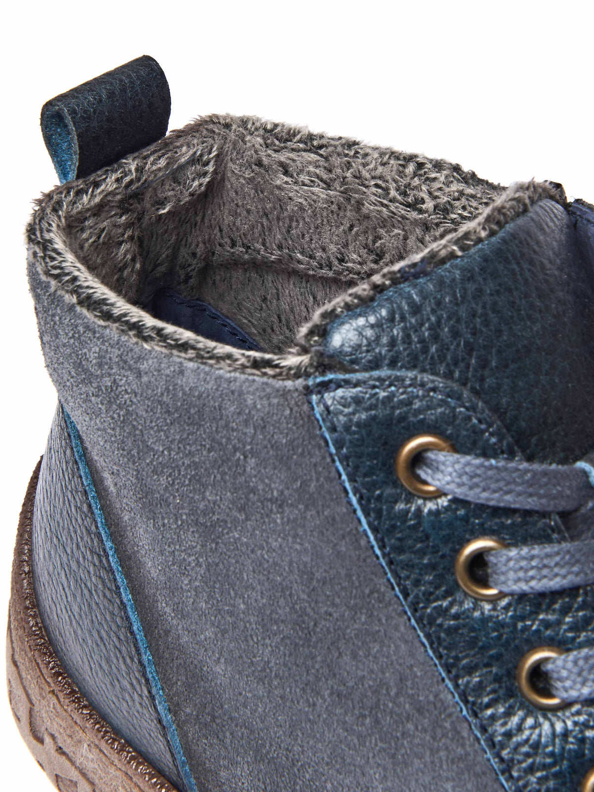 Blue faux fur, tread-soled ankle boots - RADCLIFFE INDIGO LEATHER/SUEDE