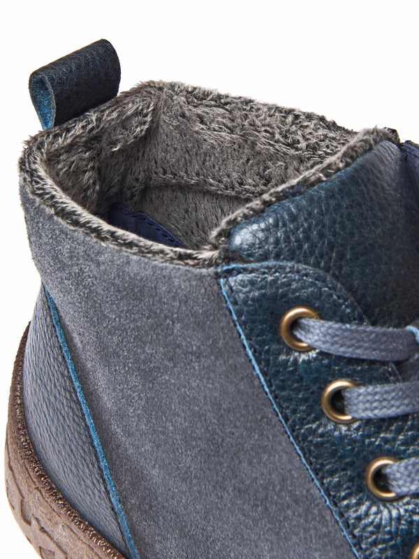 Blue faux fur, tread-soled ankle boots - RADCLIFFE INDIGO LEATHER/SUEDE