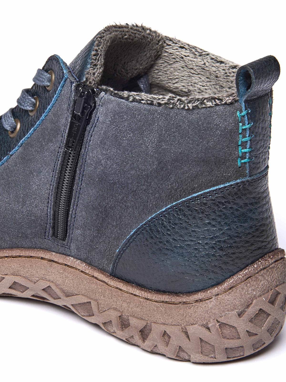 Blue faux fur, tread-soled ankle boots - RADCLIFFE INDIGO LEATHER/SUEDE